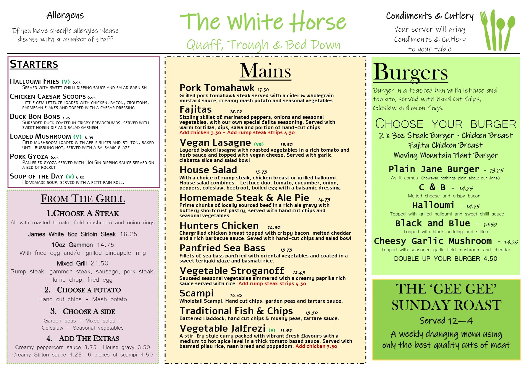 The White Horse Inn Badingham Menu